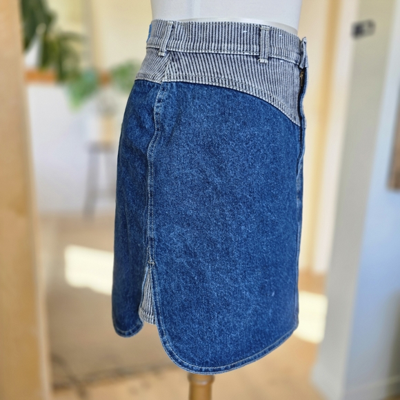 Vintage 70s Striped Waistband Denim Mini Skirt - Blue Western 60s - Picture 2 of 8